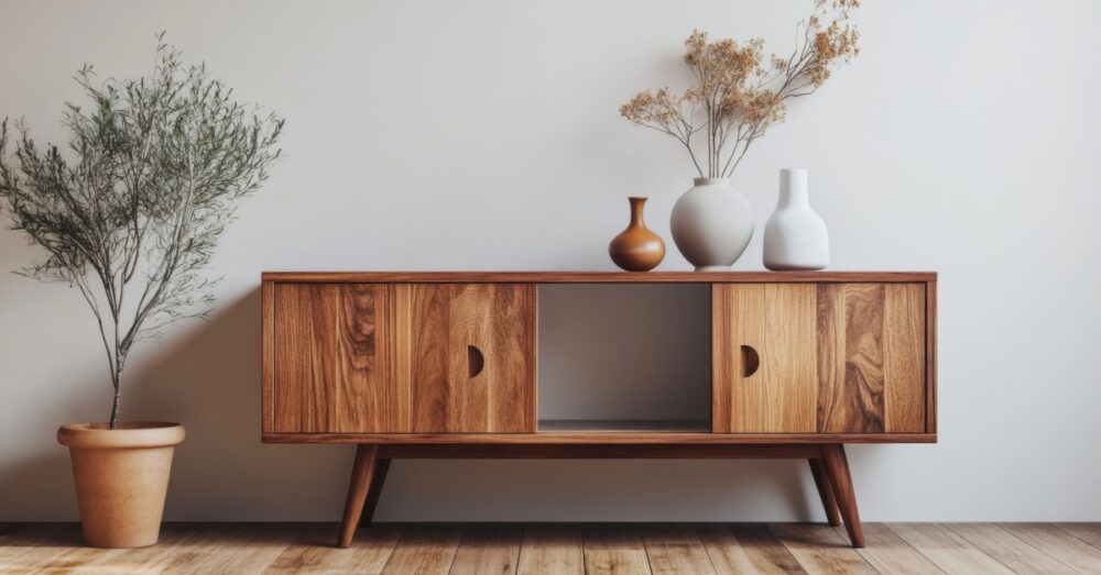 A wooden sideboard with sliding doors, three vases, dried flowers, and a potted plant against a plain wall.