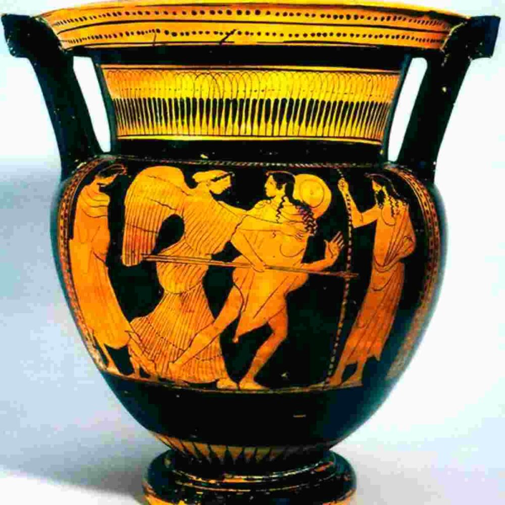 Ancient Greek Art Exhibition: Greek Red-Figure Column Krater depicting Eos and Kephalos, terracotta vessel from 460 BCE with finely painted mythological figures.