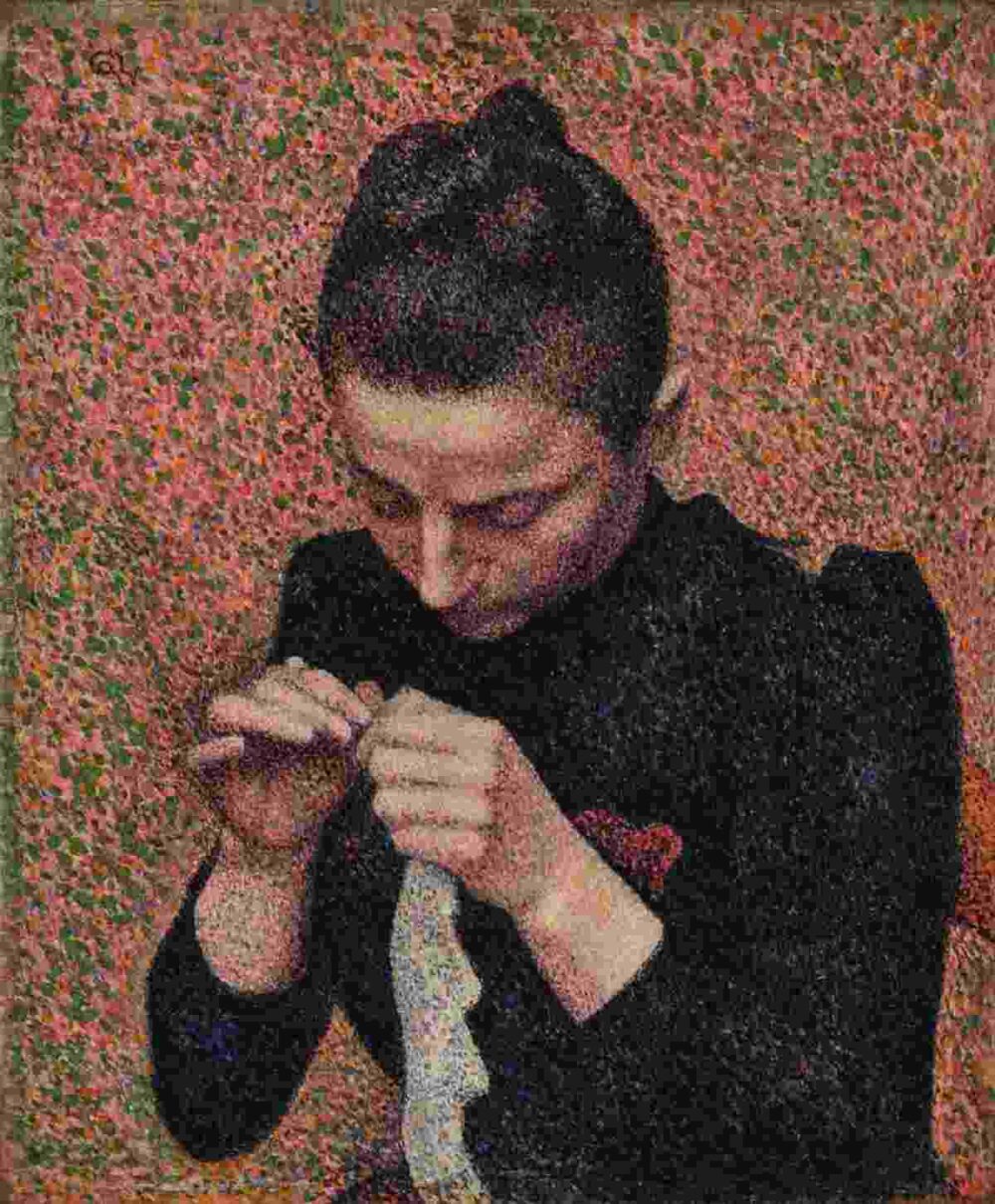 Georges Lemmen's Portrait of his Sister Julie Crocheting, the Pointillist painting featured in the Getty Museum acquires Georges Lemmen painting announcement.