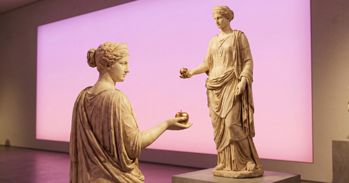 Two white statues hold golden apples in a gallery with arched walls, columns, and pink glowing lights. Example of Oversized Artwork Deliveries