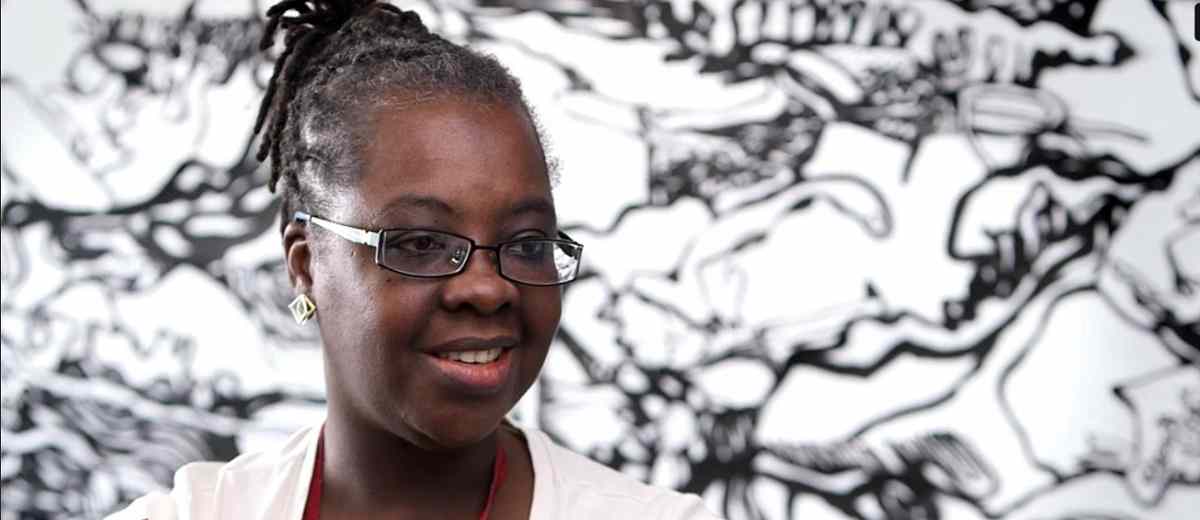 Screenshot of Bisi Silva speaking at The Pew Center for Arts & Heritage about the development of contemporary curatorial practice as an established profession in Africa.