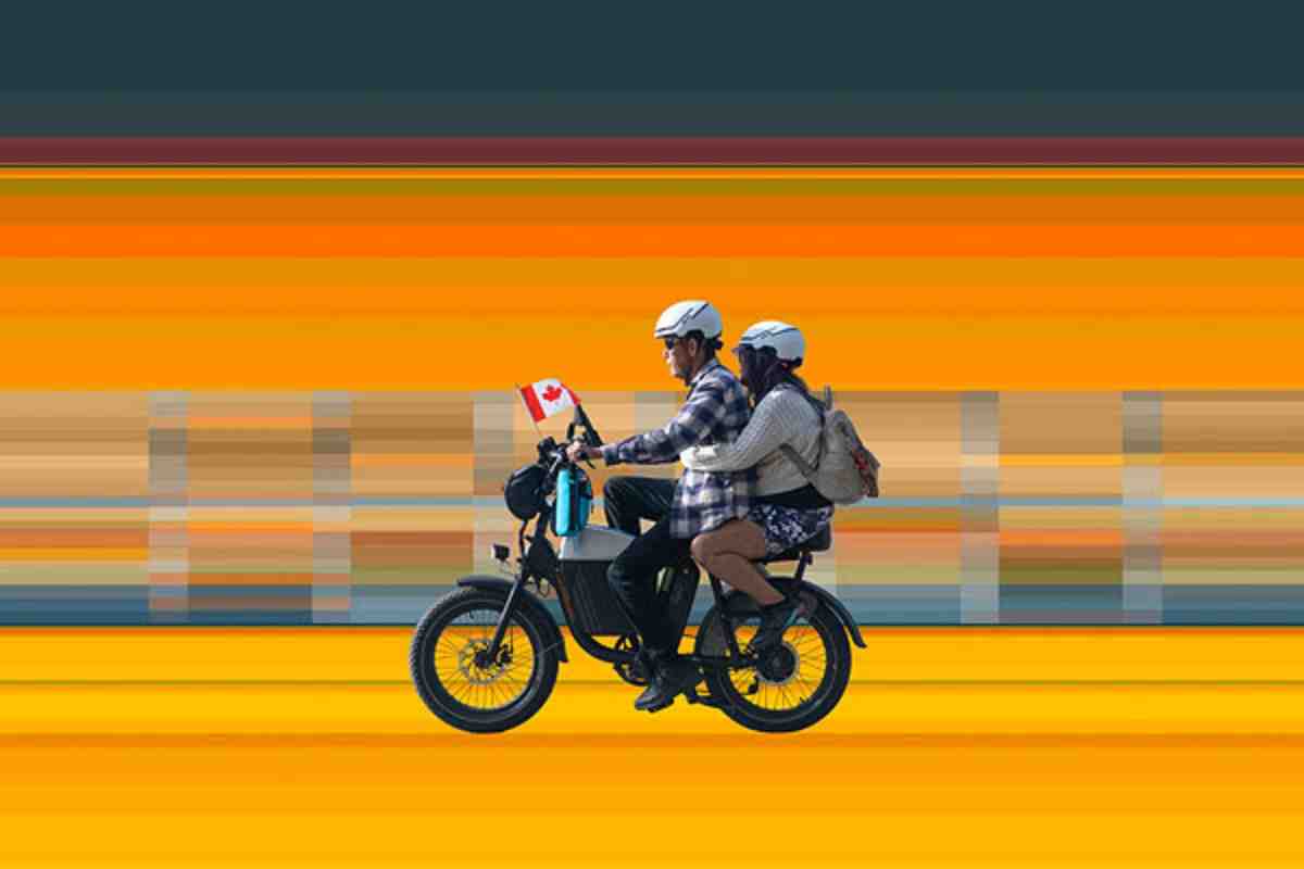 In Going Places, one of John Ferri new works,a helmeted couple riding an electric bike through a vibrant landscape of green, blue, red, and yellow checks.